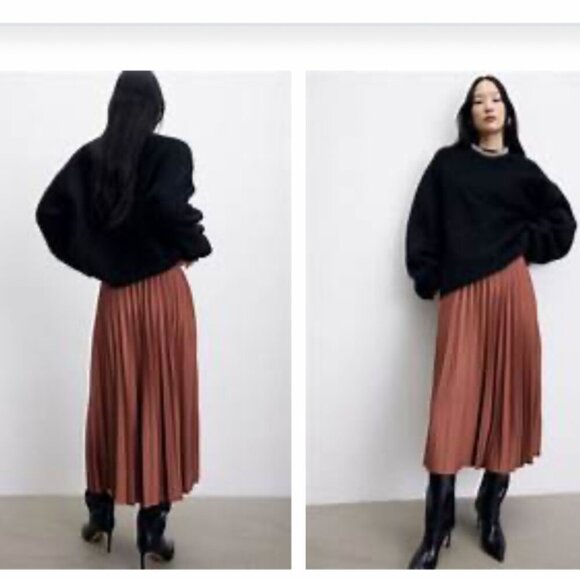 H&M SZ10 Dark Rust Pleated Midi Skirt Modern Minimalist Monochrome Sophisticated - Picture 1 of 11
